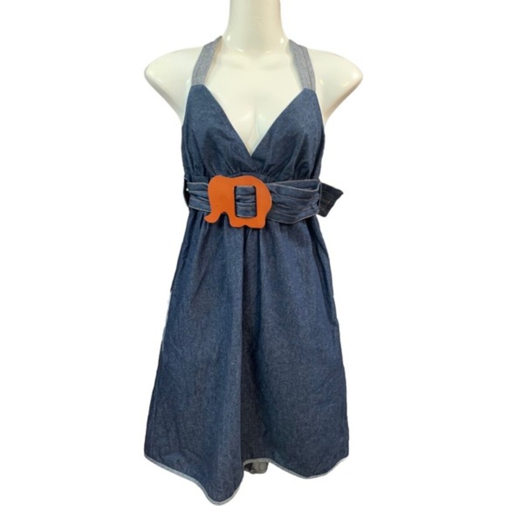 Voom By Joy Hon Denim dress Women’s Size Medium Pockets Wooden Elephant Belt